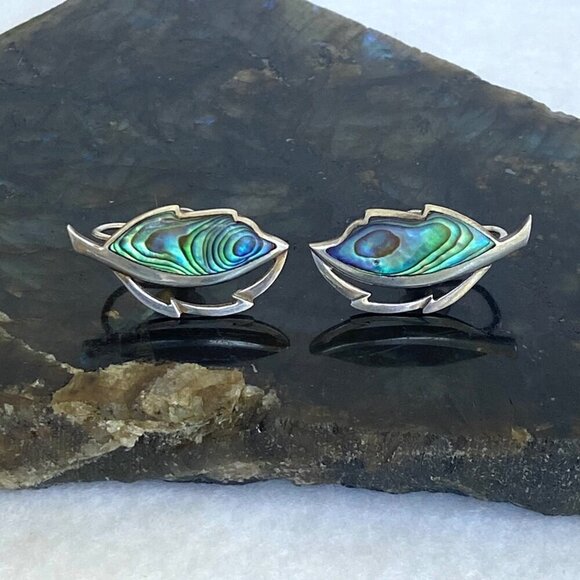 VTG Sterling Silver 925 Dainty Abalone Inlay Foliage Leaf Screwback Earrings - Picture 5 of 16